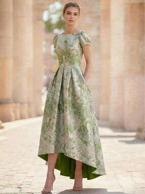 Elegant High/low tea length dress with short sleeves and pockets - NAFORI #N4631